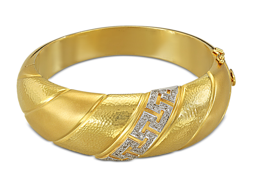 Hammered bangle bracelet with diamond Greek key decoration - GEORGES