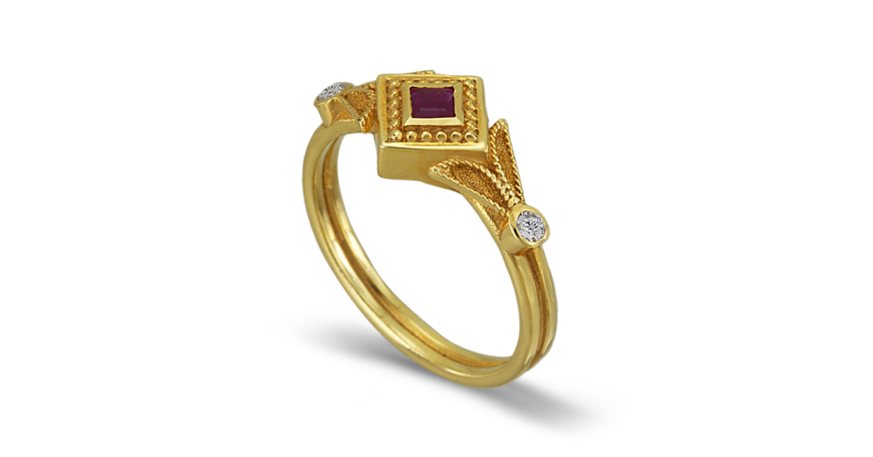 Square Cut Ruby Byzantine Ring